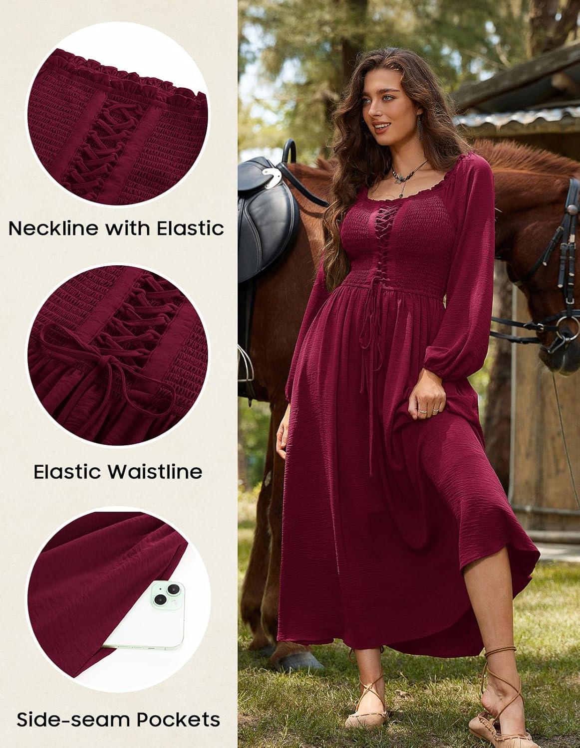 image:imageScarlet Darkness Renaissance Dress Women Long Sleeve Cottagecore Smoked Dress with PocketsDark Red