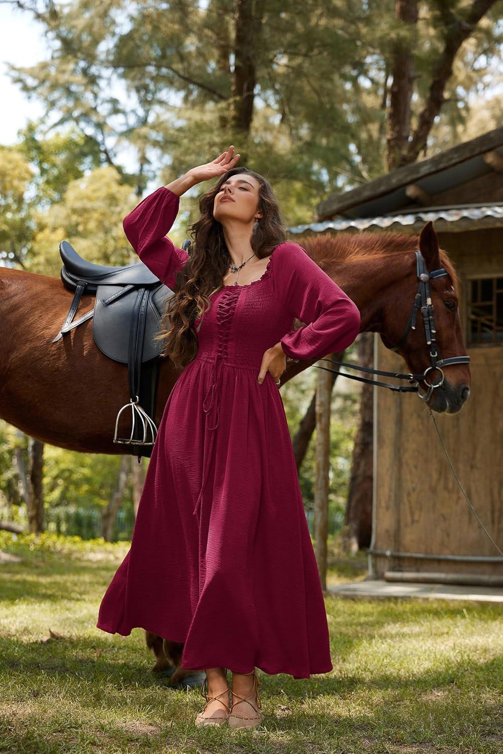 image:imageScarlet Darkness Renaissance Dress Women Long Sleeve Cottagecore Smoked Dress with PocketsDark Red