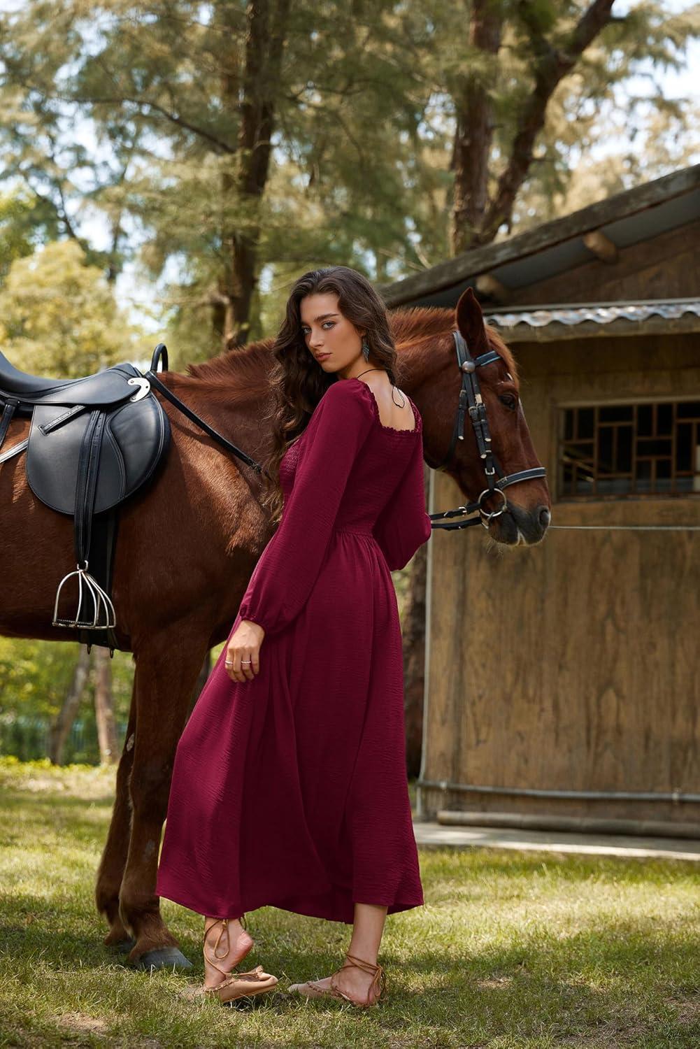 image:imageScarlet Darkness Renaissance Dress Women Long Sleeve Cottagecore Smoked Dress with PocketsDark Red