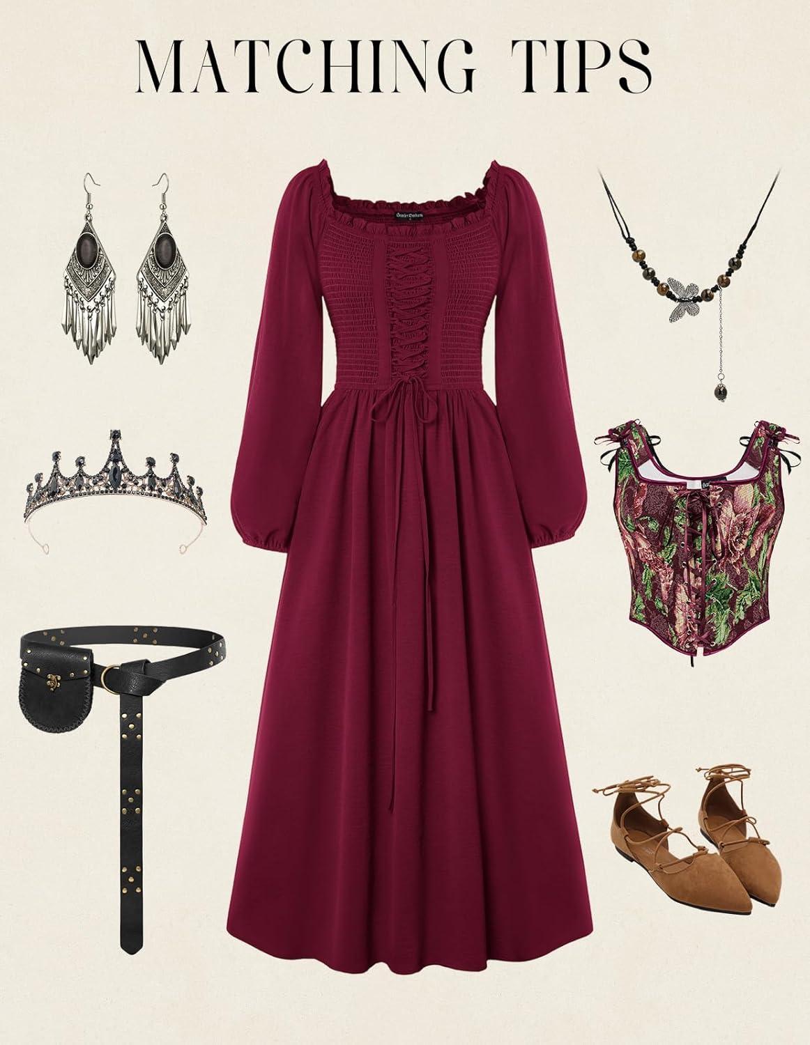 image:imageScarlet Darkness Renaissance Dress Women Long Sleeve Cottagecore Smoked Dress with PocketsDark Red