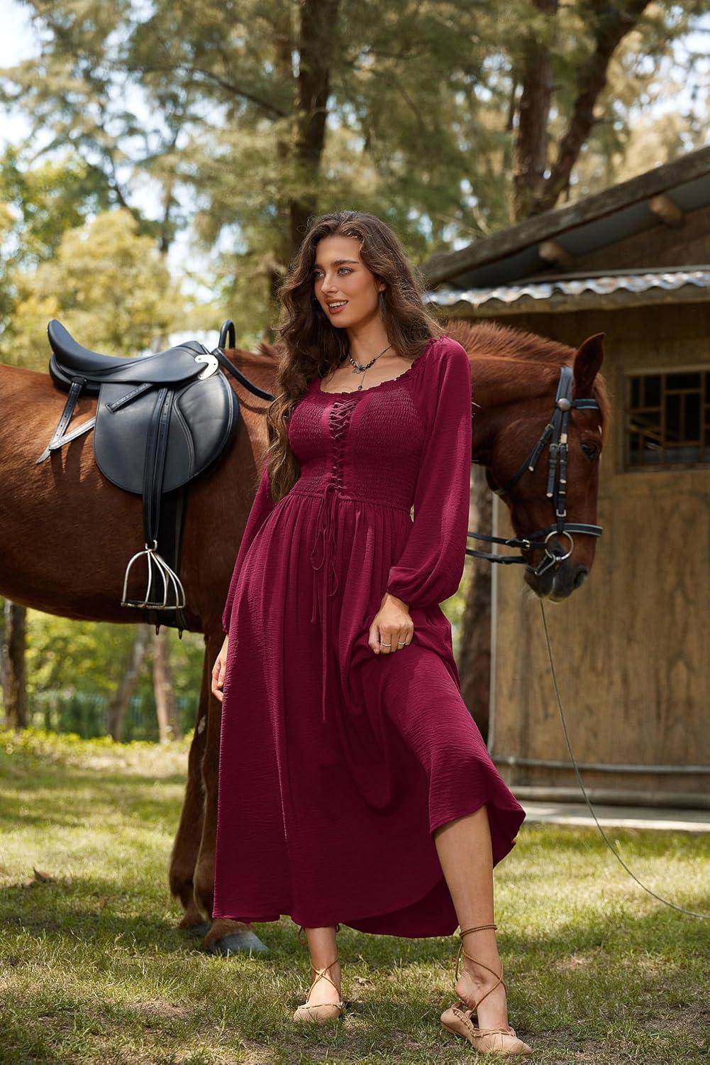 image:imageScarlet Darkness Renaissance Dress Women Long Sleeve Cottagecore Smoked Dress with PocketsDark Red