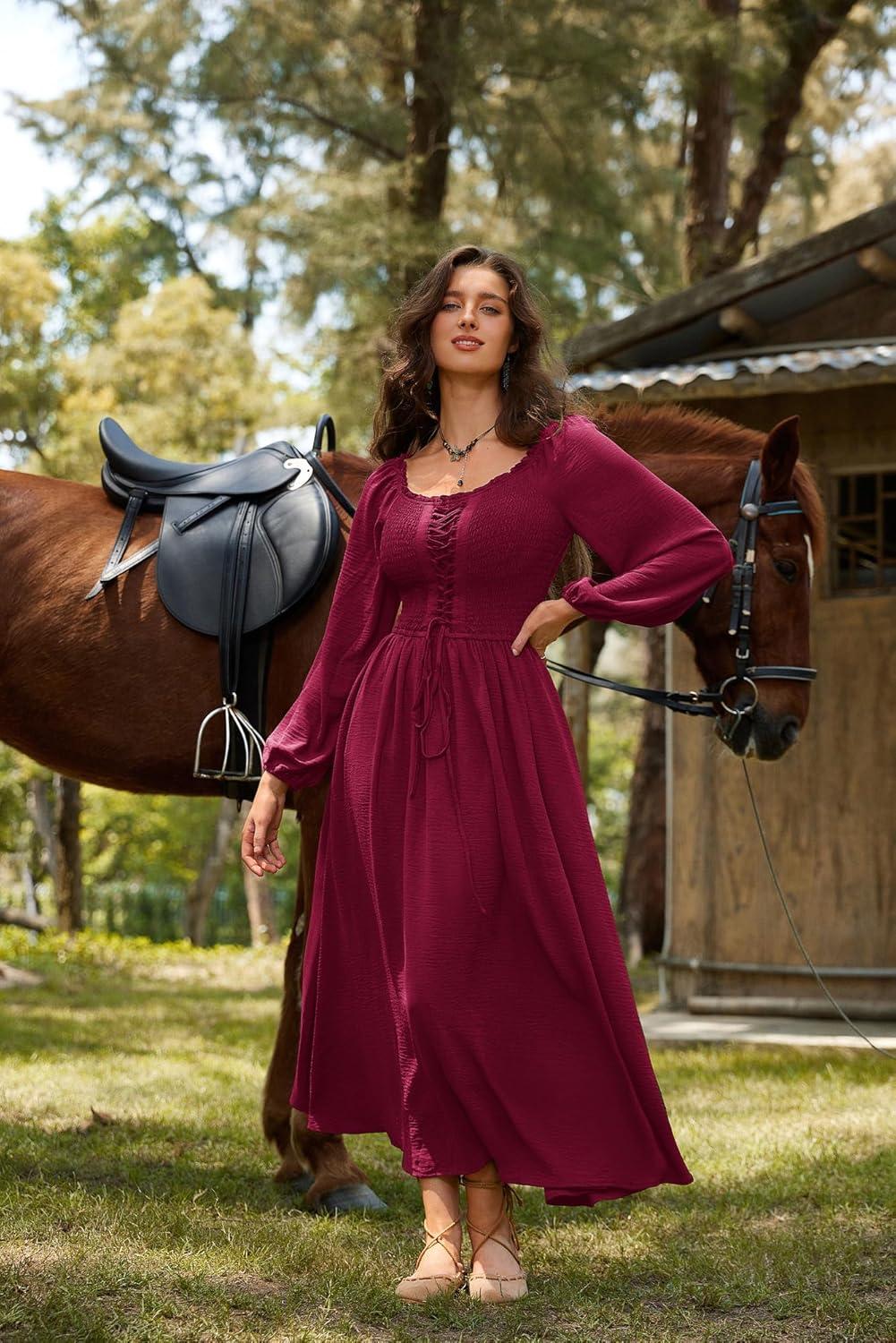 image:imageScarlet Darkness Renaissance Dress Women Long Sleeve Cottagecore Smoked Dress with PocketsDark Red