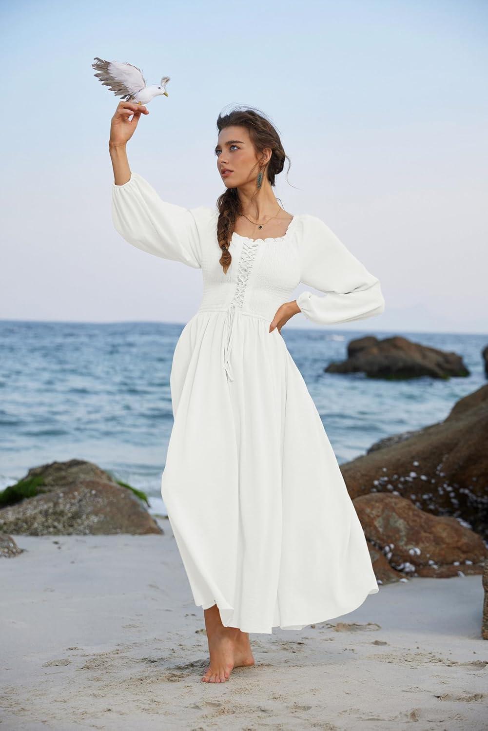 image:imageScarlet Darkness Renaissance Dress Women Long Sleeve Cottagecore Smoked Dress with PocketsWhite