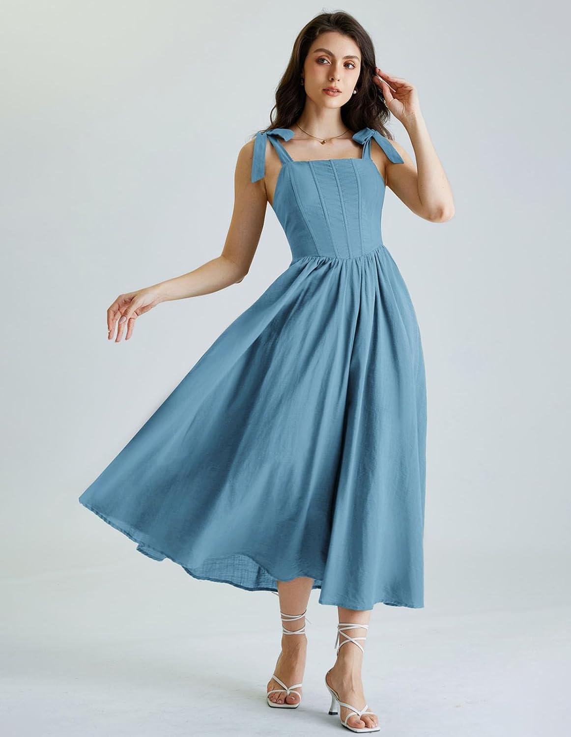 image:imageScarlet Darkness Women Renaissance Corset Dress Square Neck Cottagecore Fishbone SundressDusty Blue