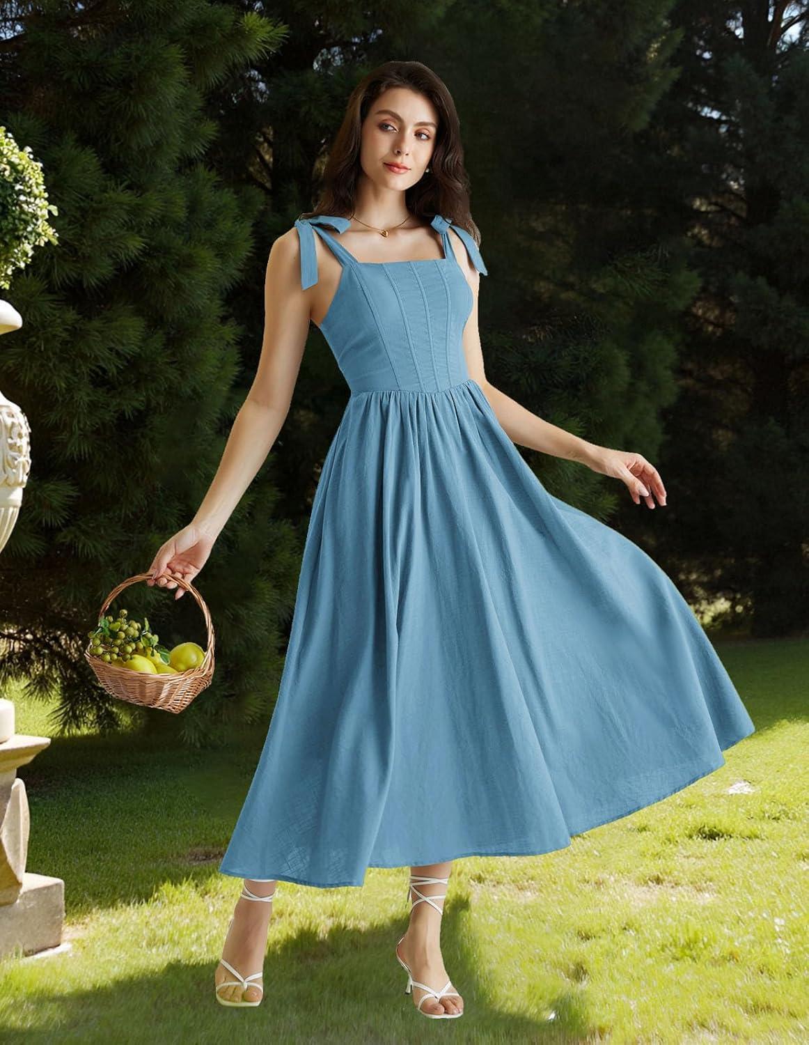 image:imageScarlet Darkness Women Renaissance Corset Dress Square Neck Cottagecore Fishbone SundressDusty Blue