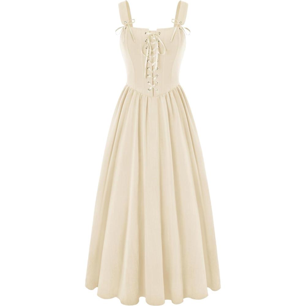 image:imageScarlet Darkness Renaissance Dress Women Lace Up Cottagecore Sleeveless Long Dress Medieval CostumeApricot