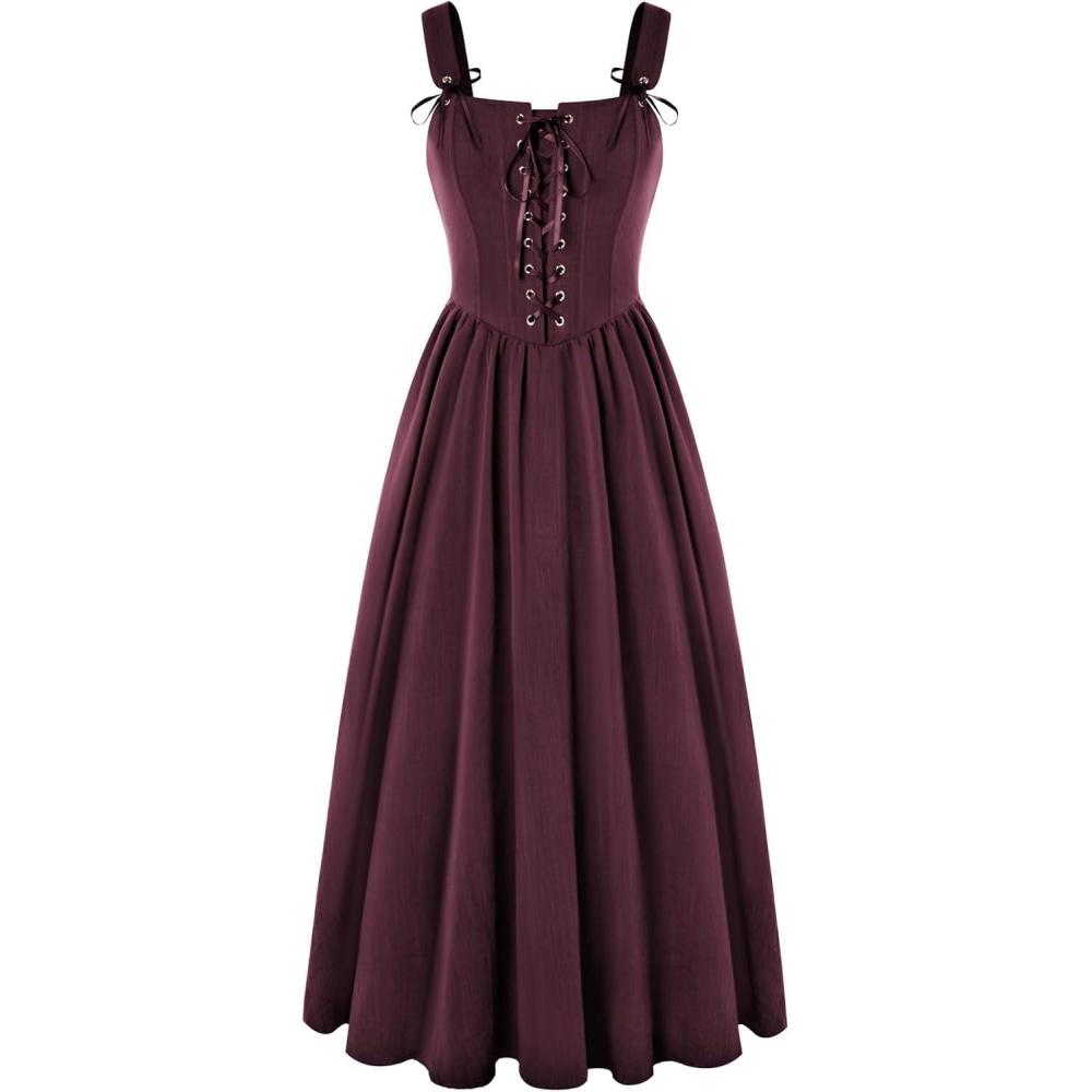 image:imageScarlet Darkness Renaissance Dress Women Lace Up Cottagecore Sleeveless Long Dress Medieval CostumeDark Red