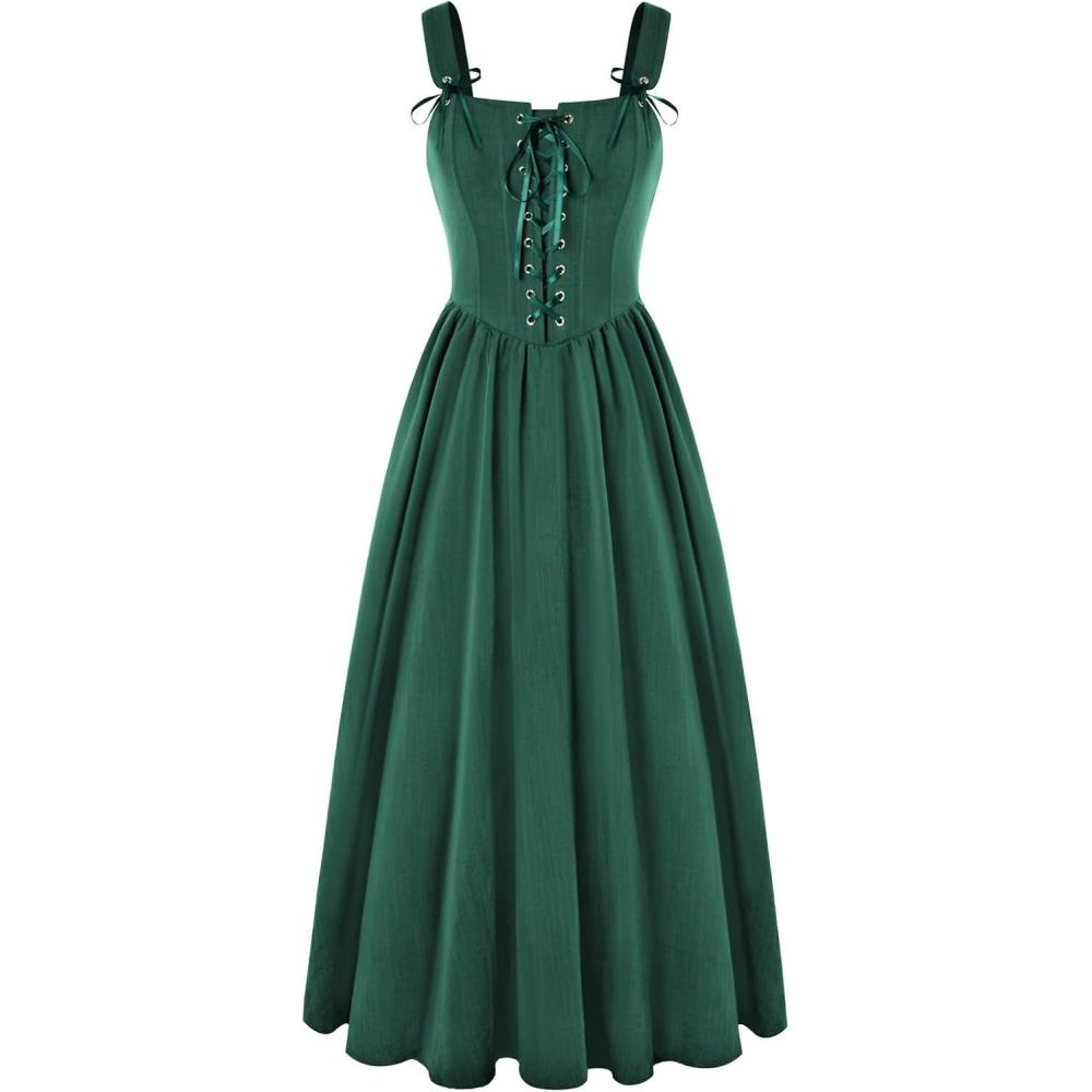 image:imageScarlet Darkness Renaissance Dress Women Lace Up Cottagecore Sleeveless Long Dress Medieval CostumeGreen