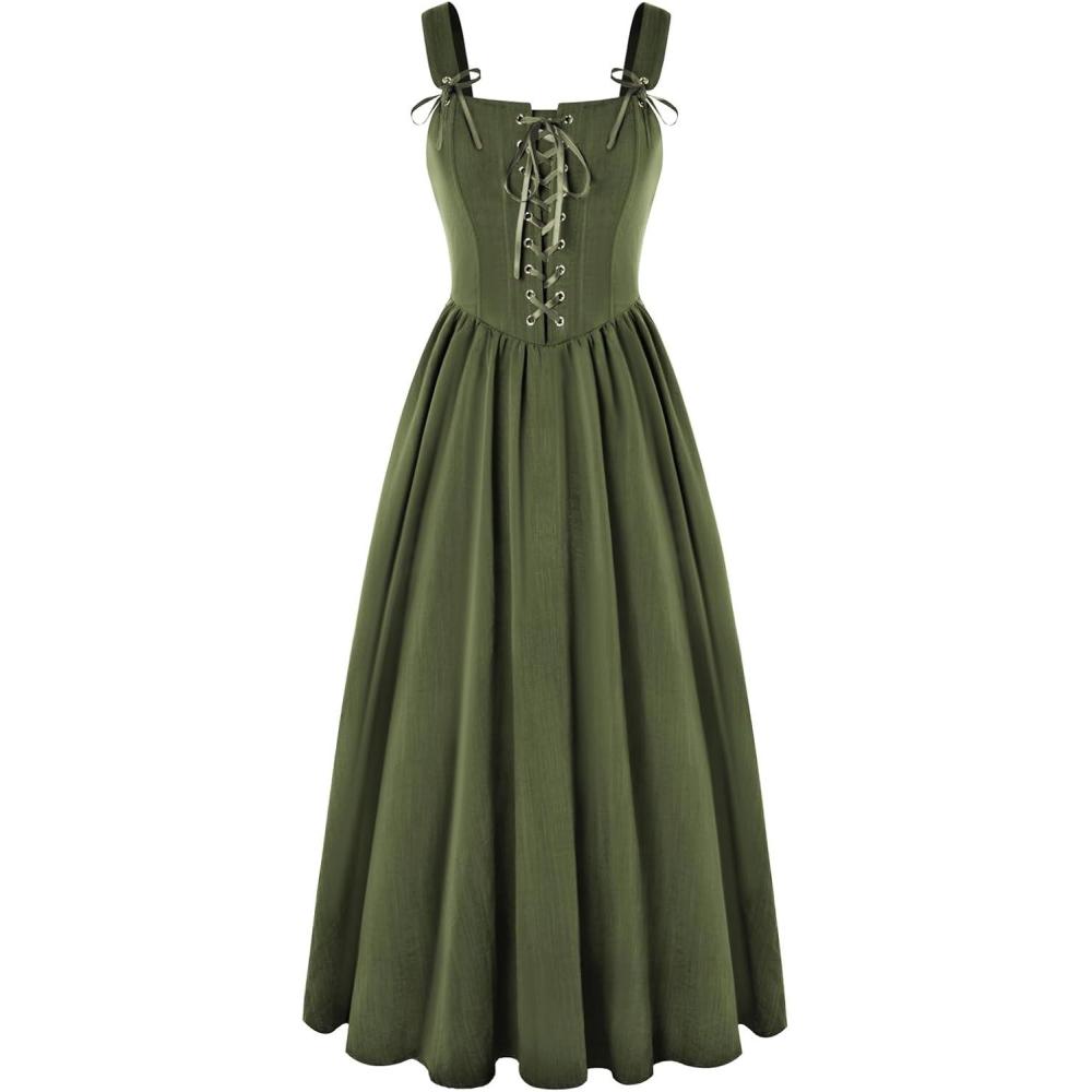 image:imageScarlet Darkness Renaissance Dress Women Lace Up Cottagecore Sleeveless Long Dress Medieval CostumeOlive Green
