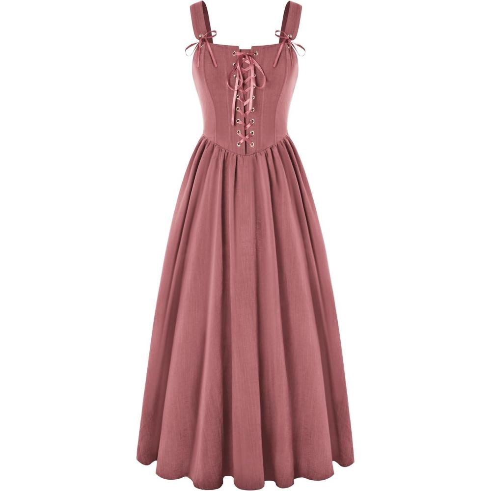 image:imageScarlet Darkness Renaissance Dress Women Lace Up Cottagecore Sleeveless Long Dress Medieval CostumePink