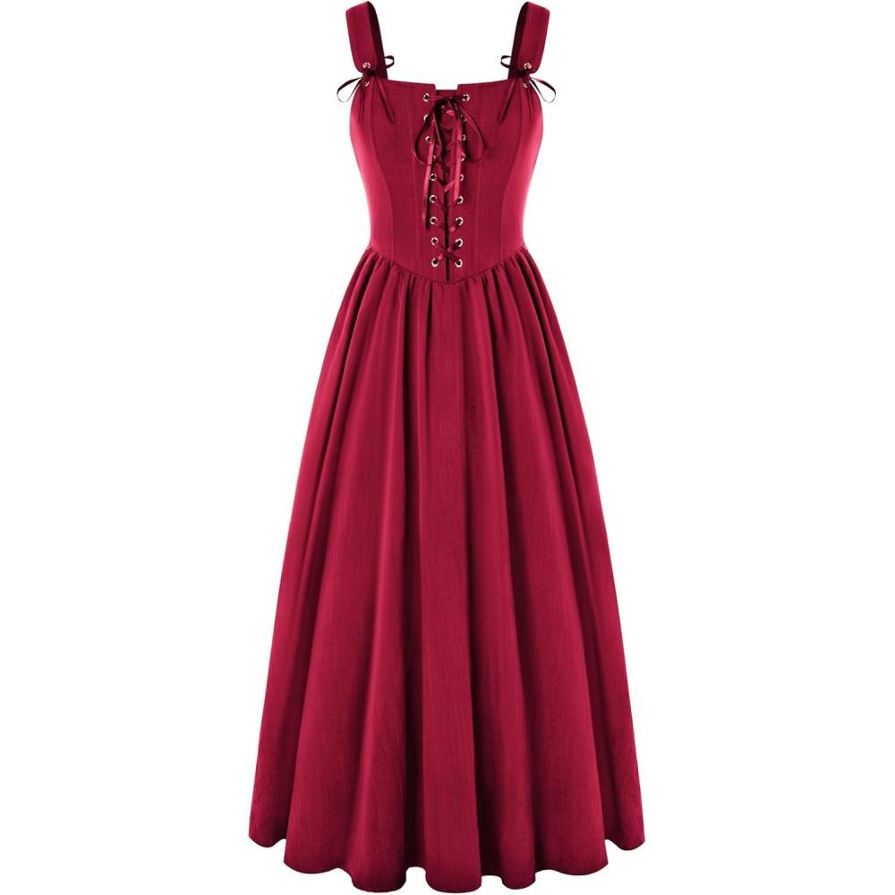 image:imageScarlet Darkness Renaissance Dress Women Lace Up Cottagecore Sleeveless Long Dress Medieval CostumeRed