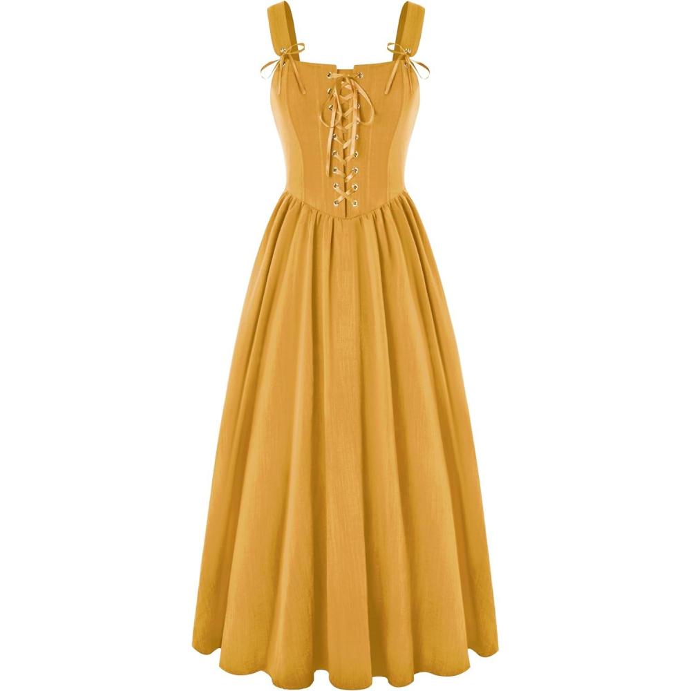 image:imageScarlet Darkness Renaissance Dress Women Lace Up Cottagecore Sleeveless Long Dress Medieval CostumeYellow
