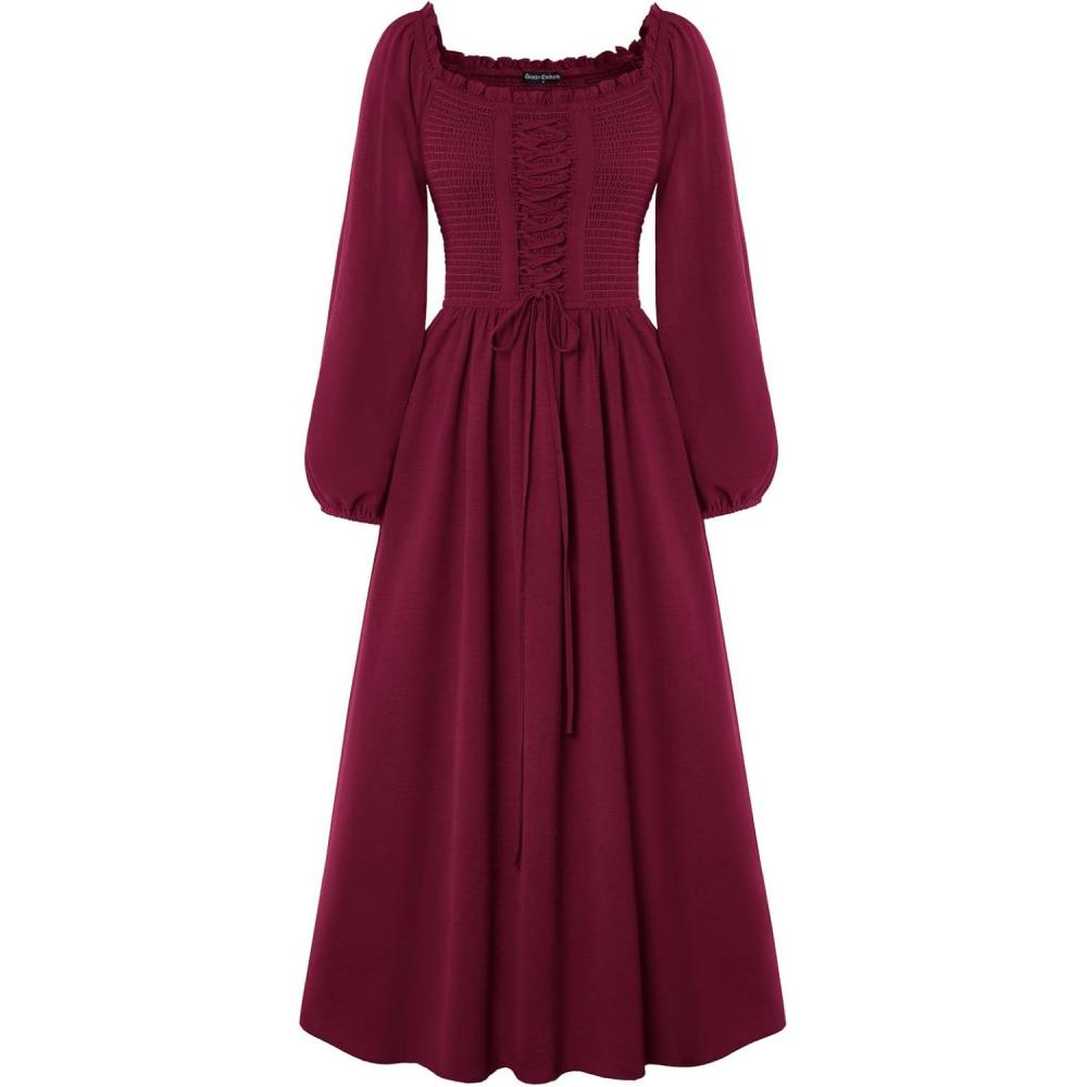 image:imageScarlet Darkness Renaissance Dress Women Long Sleeve Cottagecore Smoked Dress with PocketsDark Red
