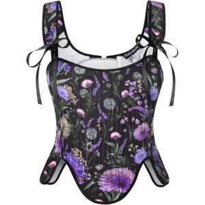 image:imageSCARLET DARKNESS Bustier Tops for Women Renaissance Floral Lace Up Bodyshaper Corset with ZipperBlack Dandelion