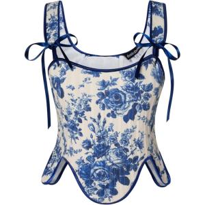 image:imageSCARLET DARKNESS Bustier Tops for Women Renaissance Floral Lace Up Bodyshaper Corset with ZipperBlue Bloom