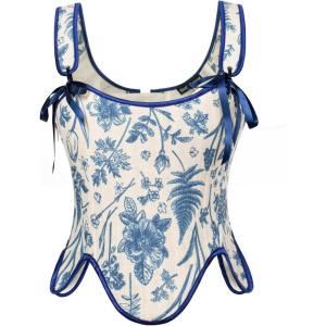 image:imageSCARLET DARKNESS Bustier Tops for Women Renaissance Floral Lace Up Bodyshaper Corset with ZipperBlue Floral