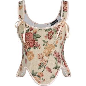 image:imageSCARLET DARKNESS Bustier Tops for Women Renaissance Floral Lace Up Bodyshaper Corset with ZipperOrange Blossom