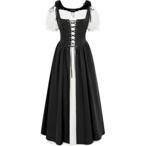 image:imageSCARLET DARKNESS Renaissance Costume Women Peasant Medieval Dress Short Sleeve Maxi Fairy Dresses with PocketsBlack
