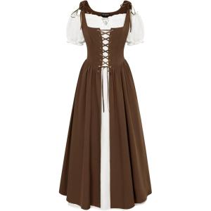 image:imageSCARLET DARKNESS Renaissance Costume Women Peasant Medieval Dress Short Sleeve Maxi Fairy Dresses with PocketsDark Brown