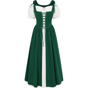 image:imageSCARLET DARKNESS Renaissance Costume Women Peasant Medieval Dress Short Sleeve Maxi Fairy Dresses with PocketsDark Green
