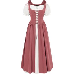 image:imageSCARLET DARKNESS Renaissance Costume Women Peasant Medieval Dress Short Sleeve Maxi Fairy Dresses with PocketsDeep Pink