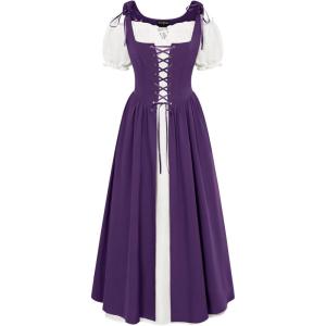 image:imageSCARLET DARKNESS Renaissance Costume Women Peasant Medieval Dress Short Sleeve Maxi Fairy Dresses with PocketsDeep Purple