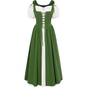 image:imageSCARLET DARKNESS Renaissance Costume Women Peasant Medieval Dress Short Sleeve Maxi Fairy Dresses with PocketsGreen