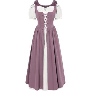 image:imageSCARLET DARKNESS Renaissance Costume Women Peasant Medieval Dress Short Sleeve Maxi Fairy Dresses with PocketsLight Purple