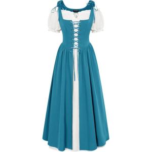 image:imageSCARLET DARKNESS Renaissance Costume Women Peasant Medieval Dress Short Sleeve Maxi Fairy Dresses with PocketsOcean Blue