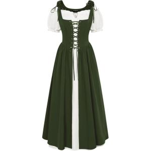 image:imageSCARLET DARKNESS Renaissance Costume Women Peasant Medieval Dress Short Sleeve Maxi Fairy Dresses with PocketsOlive Green