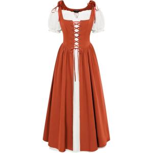 image:imageSCARLET DARKNESS Renaissance Costume Women Peasant Medieval Dress Short Sleeve Maxi Fairy Dresses with PocketsOrange