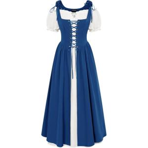image:imageSCARLET DARKNESS Renaissance Costume Women Peasant Medieval Dress Short Sleeve Maxi Fairy Dresses with PocketsRoyal Blue