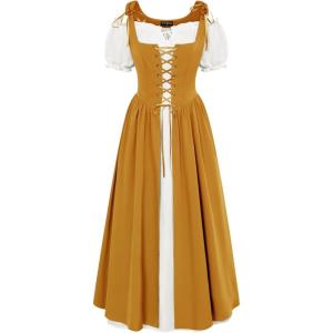 image:imageSCARLET DARKNESS Renaissance Costume Women Peasant Medieval Dress Short Sleeve Maxi Fairy Dresses with PocketsTurmeric