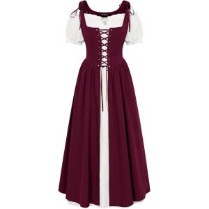 image:imageSCARLET DARKNESS Renaissance Costume Women Peasant Medieval Dress Short Sleeve Maxi Fairy Dresses with PocketsWine
