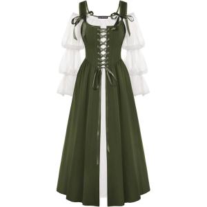 image:imageSCARLET DARKNESS Womens Renaissance Costume Medieval Lace Up Corset Dress Puff Sleeve Peasant DressOlive Green