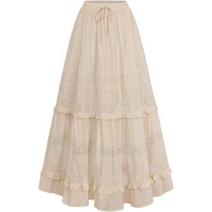 image:imageScarlet Darkness Boho Maxi Skirts for Women 2026 Summer Tiered Flowy Skirt Renaissance Long Skirts with PocketsApricot