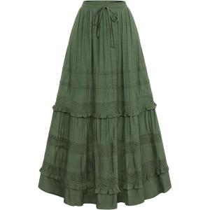 image:imageScarlet Darkness Boho Maxi Skirts for Women 2026 Summer Tiered Flowy Skirt Renaissance Long Skirts with PocketsDark Green