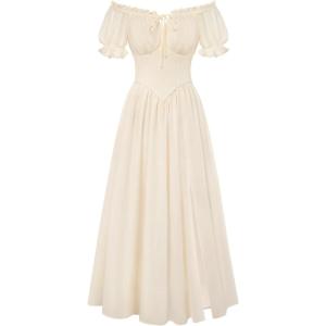 image:imageScarlet Darkness Corset Dress for Women Off Shoulder Renaissance Costume Short Sleeve Milkmaid Dresses with PocketsBeige