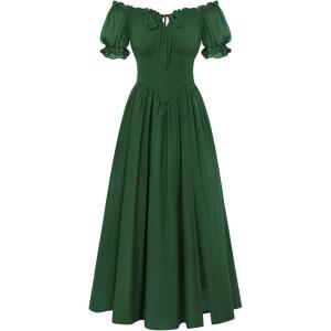 image:imageScarlet Darkness Corset Dress for Women Off Shoulder Renaissance Costume Short Sleeve Milkmaid Dresses with PocketsForest Green
