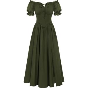 image:imageScarlet Darkness Corset Dress for Women Off Shoulder Renaissance Costume Short Sleeve Milkmaid Dresses with PocketsOlive Green