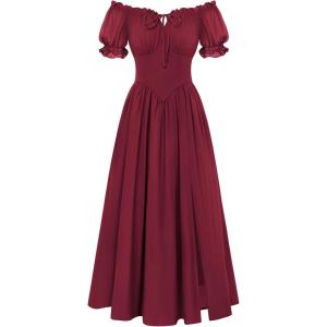 image:imageScarlet Darkness Corset Dress for Women Off Shoulder Renaissance Costume Short Sleeve Milkmaid Dresses with PocketsWine Red