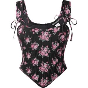 image:imageScarlet Darkness Floral Corset Tops for Women Renaissance Corset Boned Lace Up Bustier TopsBlack Rose Floral