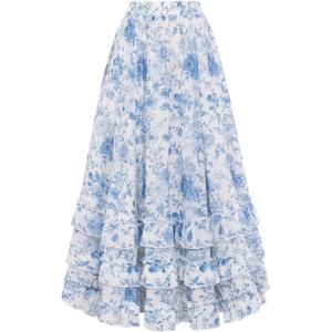 image:imageScarlet Darkness Maxi Skirts for Women Floral Chiffon Elastic High Waist Flowy Ruffle Long Skirt with PoketsBlue Floral
