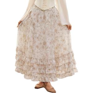 image:imageScarlet Darkness Maxi Skirts for Women Floral Chiffon Elastic High Waist Flowy Ruffle Long Skirt with PoketsBrown Floral