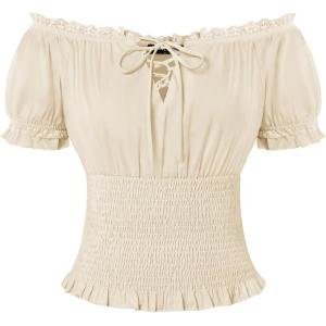 image:imageScarlet Darkness Peasant Blouse for Women Off Shoulder Puff Sleeve Smocked Waist Summer TopsBeige