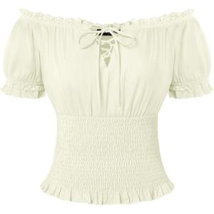 image:imageScarlet Darkness Peasant Blouse for Women Off Shoulder Puff Sleeve Smocked Waist Summer TopsCream