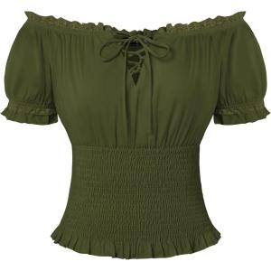 image:imageScarlet Darkness Peasant Blouse for Women Off Shoulder Puff Sleeve Smocked Waist Summer TopsDark Olive Green