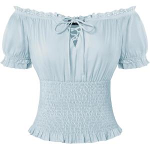 image:imageScarlet Darkness Peasant Blouse for Women Off Shoulder Puff Sleeve Smocked Waist Summer TopsLight Blue