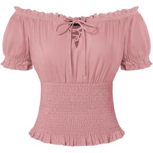 image:imageScarlet Darkness Peasant Blouse for Women Off Shoulder Puff Sleeve Smocked Waist Summer TopsLight Pink