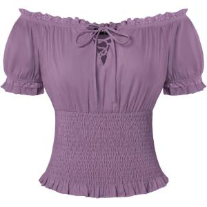 image:imageScarlet Darkness Peasant Blouse for Women Off Shoulder Puff Sleeve Smocked Waist Summer TopsLight Purple
